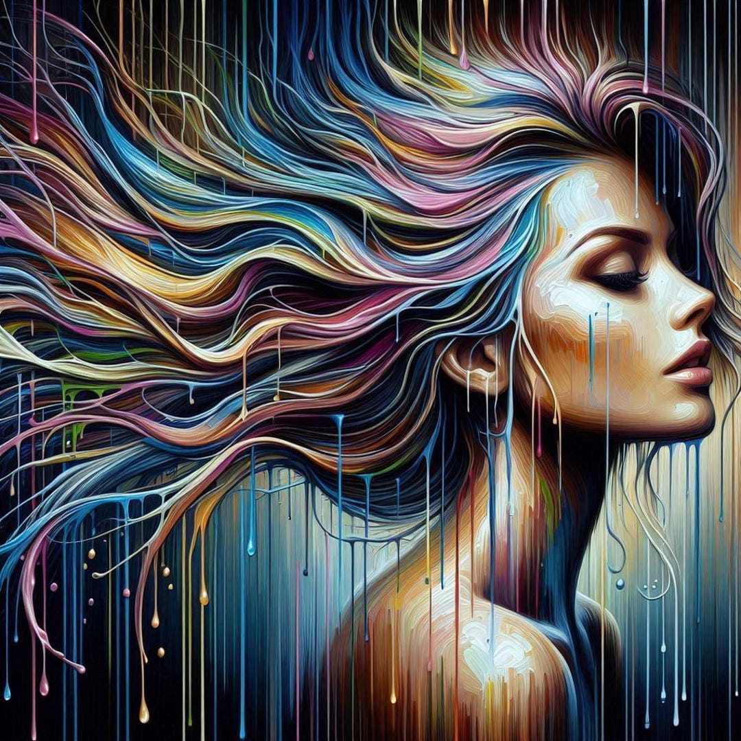 Abstract Surreal Portrait of a Woman Paint Drips Streaks Runs Hair 24 X ...