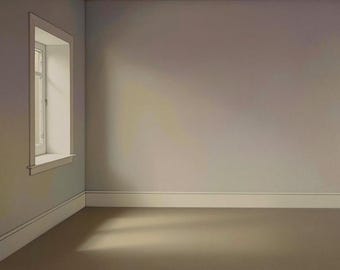 Póster de una habitación oscura y vacía con una ventana débilmente iluminada por el sol