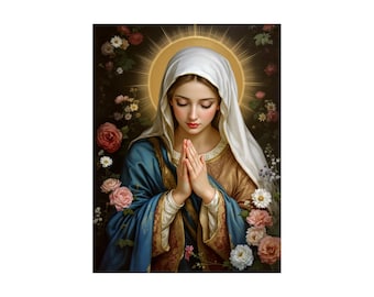 Virgin Mary Praying amidst Flowers and Golden Halo Poster Print