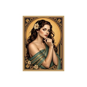 Beautiful Art Nouveau Woman in a Green Dress with Flowers Print 18 x 24 in