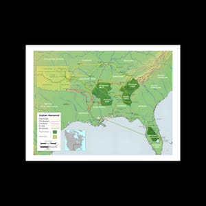 Może przedstawiać: Szczegółowa mapa przedstawiająca Usunięcie Indian, pokazująca trasy i lokalizacje plemion Czirokezów, Czikasawów, Czioktawów, Krików i Seminoli. Mapa zawiera etykiety tekstowe i legendę.