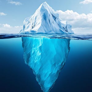 Puede incluir: Un iceberg, predominantemente blanco y azul, flota en la superficie del océano. La parte visible del iceberg tiene una superficie texturizada e irregular. El agua es de un azul profundo y el cielo está despejado con algunas nubes.