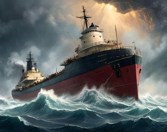 Großes Frachtschiff Frachter Lost in a Storm Wellen Wolken Distress Poster A
