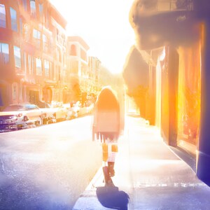Walking Down Your Street Girl Sunrise Sidewalk Town Alone Painting Art Print