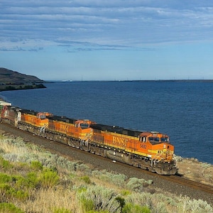 Freight Train along River Washington Landscape Photo Poster Art Print