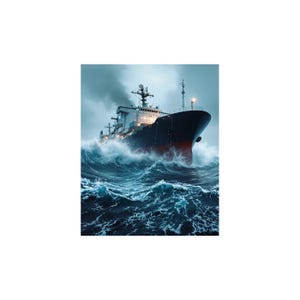 May include: A large cargo ship sails through rough, choppy waters. The ship is dark blue and red with a white superstructure. The waves are crashing against the ship's bow.
