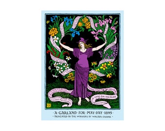 Walter Crane A Garland for May Day Mayday 1895 Woodcut Colorized Poster Print 18 x 24 in