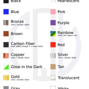 May include: A chart showing 20 different colour samples, including beige, black, blue, bronze, brown, carbon fibre, copper, glow in the dark, gold, grey, green, marble, orange, pearlescent, pink, purple, rainbow, red, silver, tan, translucent, white, wood, and yellow.