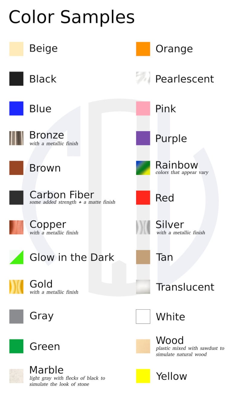 May include: A chart showing 20 different colour samples, including beige, black, blue, bronze, brown, carbon fibre, copper, glow in the dark, gold, grey, green, marble, orange, pearlescent, pink, purple, rainbow, red, silver, tan, translucent, white, wood, and yellow.