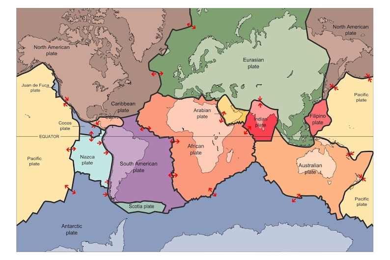 Earth Tectonic Plates World Map Continents Oceans Wall Poster Art Print ...