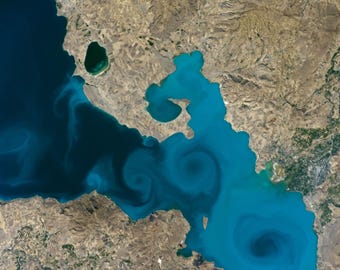 Lake Van Turkey Ocean Water Swirls Desert Aerial Satellite Photo Poster Print