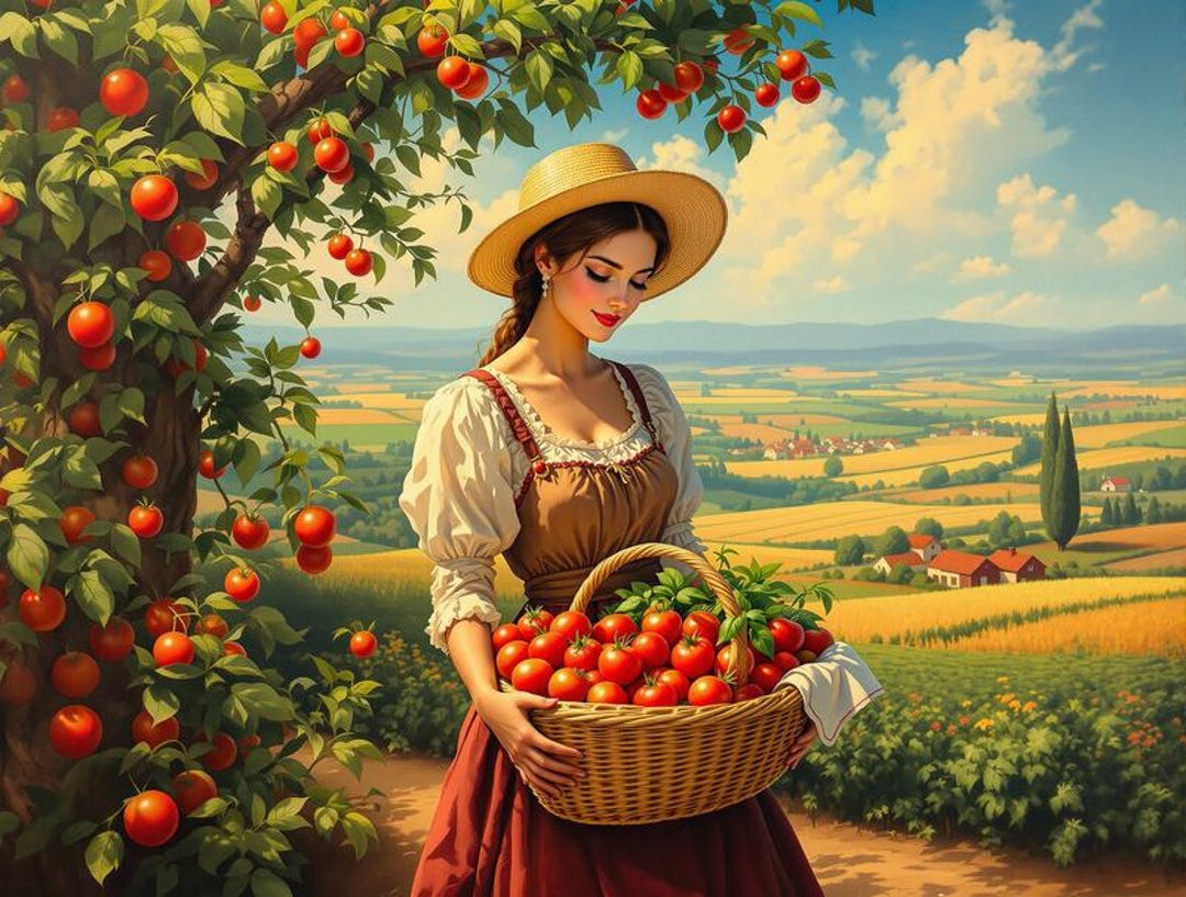 Beautiful Italian Peasant Before a Stunning Tomato Plant and Farms ...