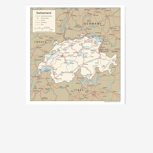 Puede incluir: Un mapa detallado de Suiza, que muestra las fronteras del país, las principales ciudades, carreteras y vías fluviales. El mapa incluye los nombres de los países vecinos como Francia, Alemania, Italia y Austria. El título "Suiza" se muestra en la parte superior.