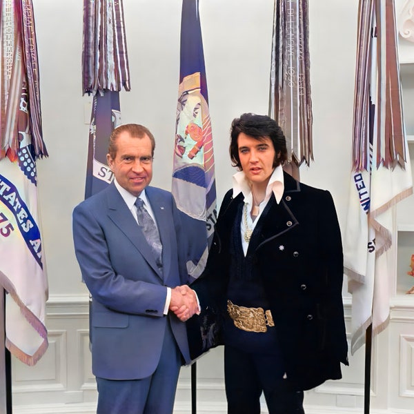 Richard Nixon Elvis Presley White House Handshake Colorized Photo Poster Print