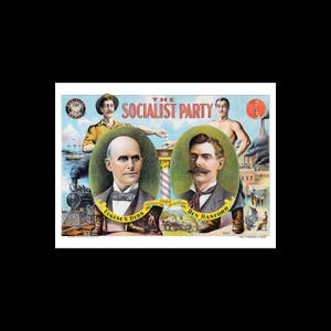 Peut inclure: Affiche politique vintage pour le Parti socialiste, avec des portraits d'Eugene V. Debs et Ben Hanford. L'affiche comprend des illustrations d'un train, d'usines et d'autres images, avec le nom du parti en évidence.