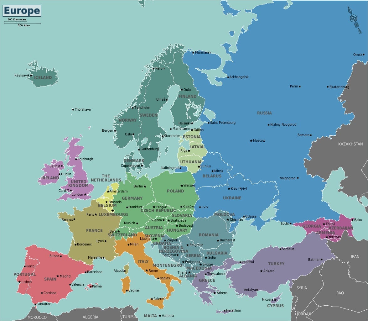 Europa Europese Politieke Kaart Rusland Midden-Oosten - Etsy België