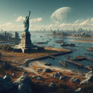 Puede incluir: Una ciudad futurista y desgastada con una gran luna gris en el cielo. La Estatua de la Libertad se alza en primer plano, mirando hacia la ciudad.