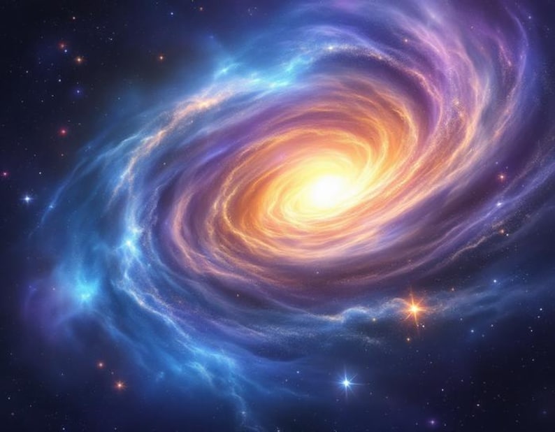 A Vibrant Spiral Galaxy Swirls With Blue, Purple, and Orange Hues ...