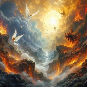 May include: A digital painting depicting a fiery, volcanic landscape with a winged angel on the left and a demonic figure on the right. The scene is set against a backdrop of swirling clouds and a bright, golden light.