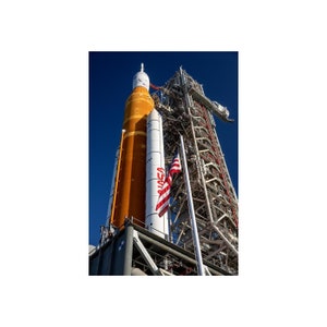 Artemis I SLS Launch Pad Rocket American Flag Photo Poster Art Print