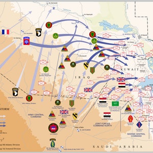 Puede incluir: Un mapa que representa los movimientos militares de la Operación Tormenta del Desierto, una operación militar que tuvo lugar en 1991. El mapa muestra el movimiento de tropas desde Arabia Saudita hacia Kuwait e Irak. El mapa está codificado por colores para mostrar las diferentes fases de la operación. El mapa también incluye los nombres de las diferentes unidades militares involucradas en la operación.