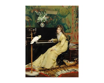 Woman at the piano with Cockatoo Gustave Léonard de Jonghe Painting Poster Print