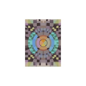 May include: Abstract geometric art print featuring concentric circles in shades of blue, orange, and yellow, set against a background of repeating squares in muted tones. The artwork has a retro, mid-century modern feel.