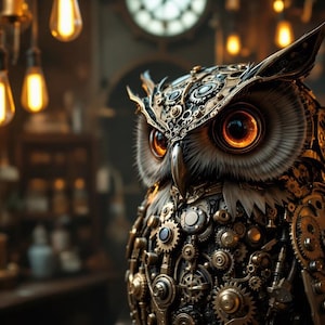 May include: A close-up of a steampunk owl sculpture crafted from metal gears and cogs. The owl's eyes are glowing orange and the sculpture is detailed with intricate patterns.