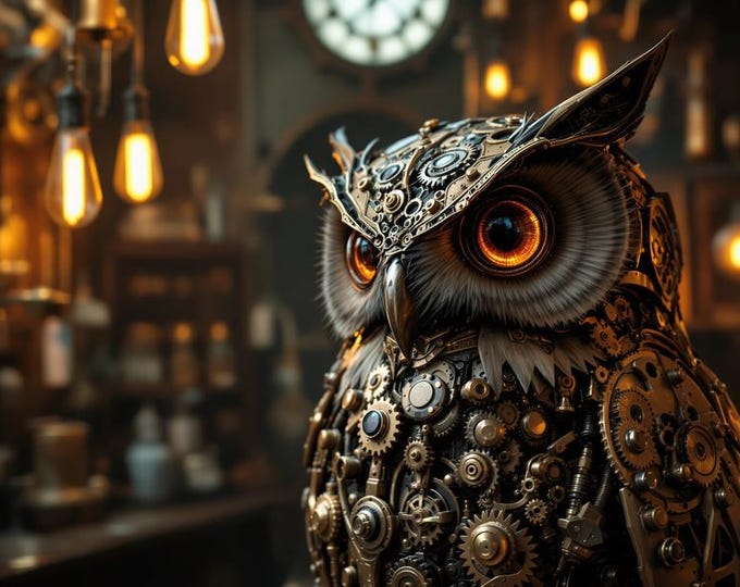 Bronze Steampunk Mechanical Owl Art Poster Print 18 x 24 in C