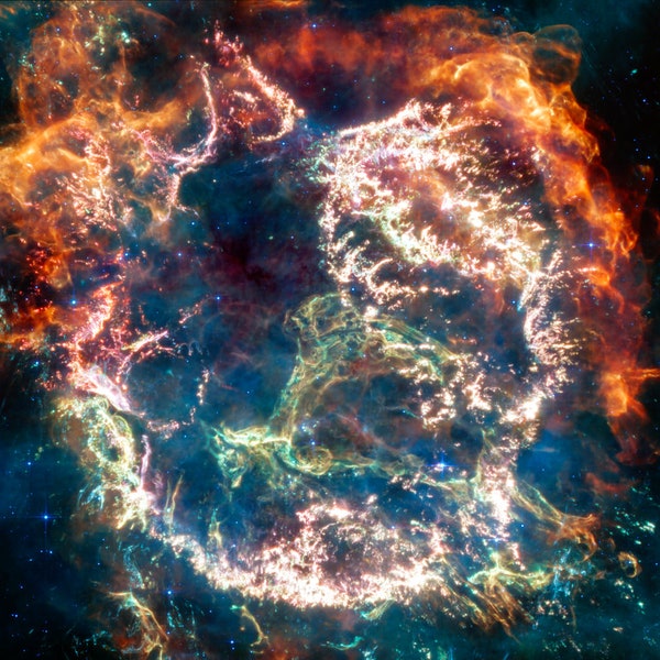 Póster artístico de Cassiopeia A Cas, remanente de supernova, del telescopio espacial James Webb.