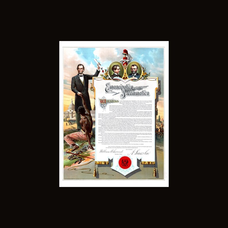 Prolamation Border Emancipation Proclamation Lincoln Color Illustrated Broadsheet Poster ...