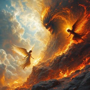 May include: A digital painting depicting a dramatic scene of an angel with white wings flying towards a fiery demon with black wings. The angel is dressed in a white gown and the demon is in a dark, fiery form. The background is a mix of clouds and fire.