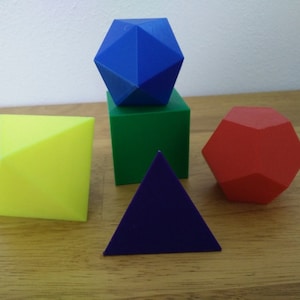 Five 5 Platonic Solids Model Set Geometry Math Models 3D Printed Multicolored