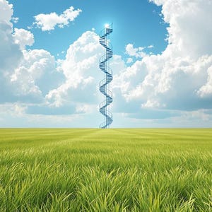 May include: A blue spiral staircase leading up to a bright light in the sky, set against a backdrop of a green grassy field and a blue sky with white clouds.