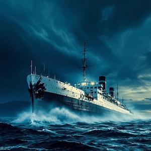 May include: A large, white passenger ship sails through choppy waters under a dark, stormy sky. The ship has a black hull and a white superstructure. The sky is a deep blue with dark clouds.