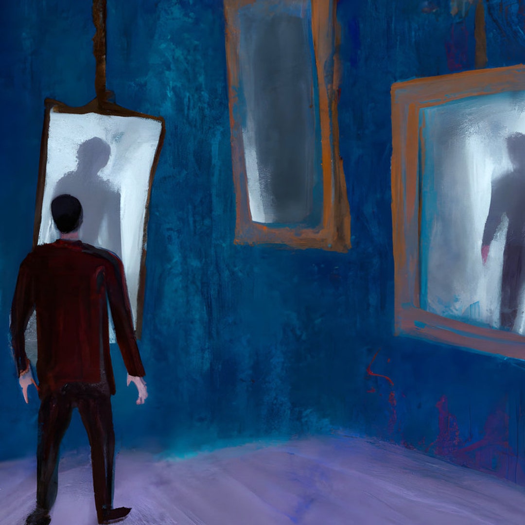 Fear of Mirrors II Man Empty Dark Room Shadows Funhouse Painting Art