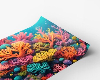 カラフルな虹色のサンゴ、サンゴ礁、海景、水中枝のポスタープリントA