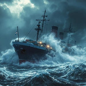 May include: A large navy blue ship, marked with the number 33, navigates turbulent, white-capped ocean waves under a stormy sky. The ship's red bow cuts through the water, with a flag waving from the front mast.