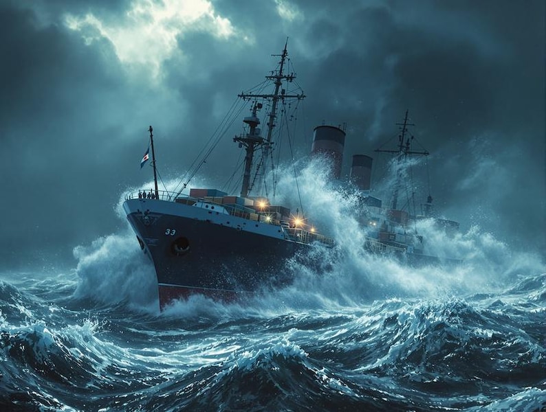 Cargo Ship Battles Strong Waves Breaking on Stormy Seas at Night Poster ...