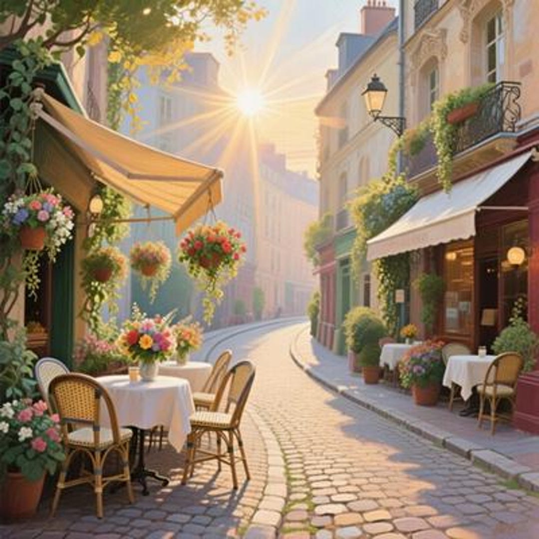 Street Cafe Narrow Cobblestone Sunrise Bright Flowers Day Poster