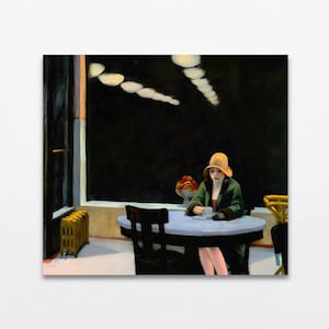 May include: A painting of a woman in a yellow hat and green coat seated at a table in a diner. The diner has a large window with a dark background and a row of lights. A radiator is visible.