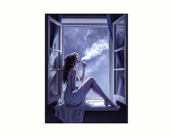 Pretty Woman Exhales on Window Sill before View of Stunning Starry Sky Poster