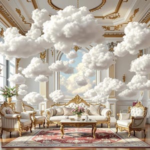 Puede incluir: Un salón opulento con paredes blancas, detalles dorados y una alfombra roja estampada. Nubes blancas y esponjosas flotan por la habitación, creando una atmósfera surrealista. La habitación está amueblada con un sofá blanco, sillones y una mesa de centro.