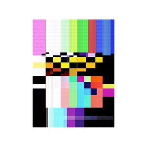 May include: A colorful test pattern with vertical bars of various colors, including pink, white, green, blue, and red. The pattern also features a checkerboard design and a black background, commonly used for television calibration.