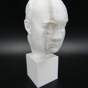 Pode incluir: Um busto branco de uma pessoa, da cabeça aos ombros, impresso em 3D sobre uma base quadrada branca.