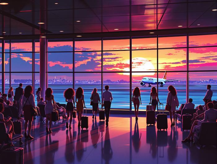 Retro Airport Windows Vaporwave Sunset Jets Passengers 1980s