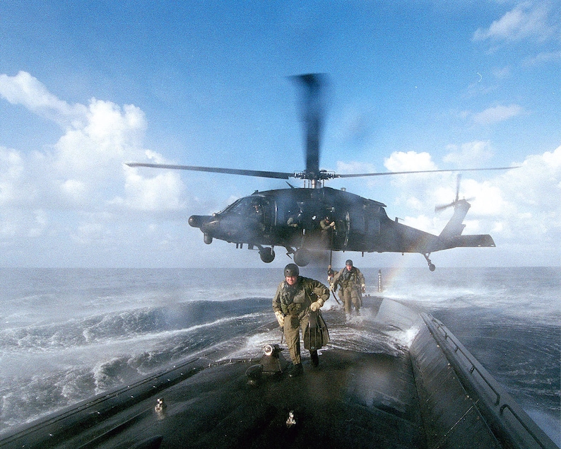 US Navy Seals Dropping From Helicopter Fast Rope Submarine Photo Poster
