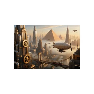 May include: A steampunk cityscape with airships, pyramids, and skyscrapers. The image features a bridge, gears, and a blimp-like airship. The color palette includes gold, brown, and blue hues, creating a futuristic and imaginative scene.
