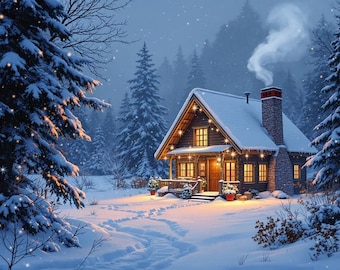 Snowy Cozy Cabin Winter Landscape Serene Art 18 x 24 in D