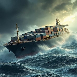 May include: A large cargo ship with multiple shipping containers sails through a stormy sea with large waves crashing around it.